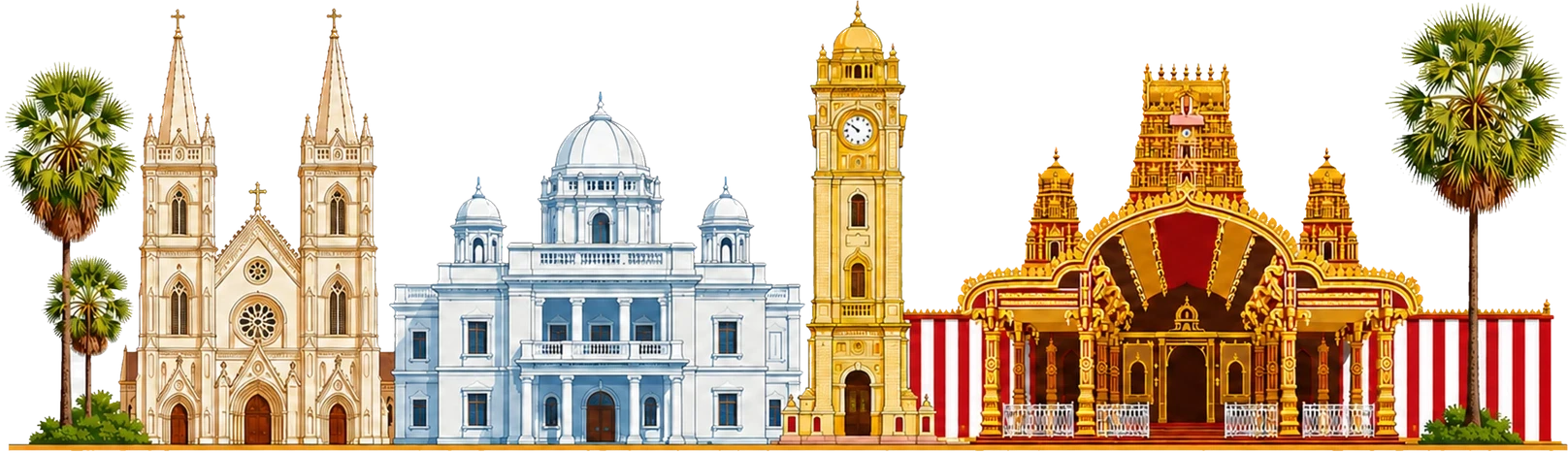 Illustrated Jaffna skyline — St. Mary's Cathedral, the Public Library, the clock tower and Nallur Kandaswamy Kovil among palmyra palms