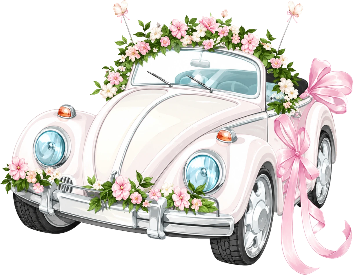 Decorated white wedding car with flower garlands